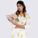 Leafy Mandarin White Pyjama set | Notched Collor | 100% Pure Cotton | Bio-Washed | Manufacture to Consumer Direct sale