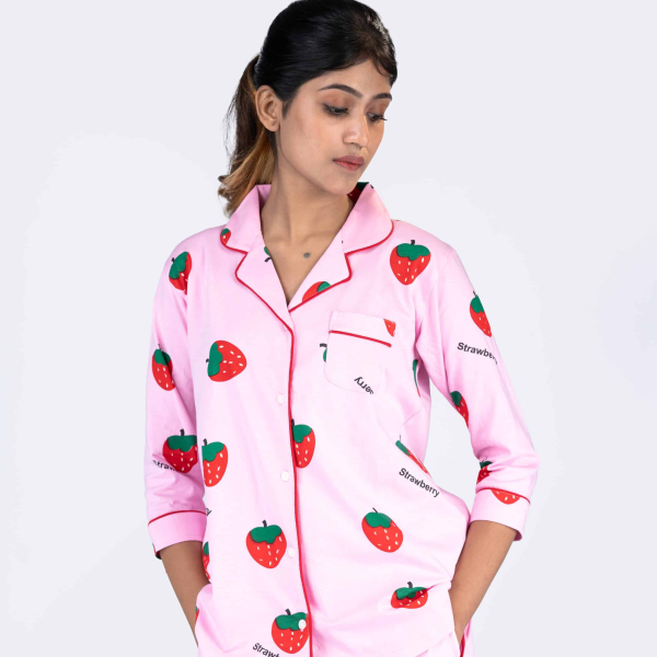 Berry Dream Pink Pyjama Set | Notched Collor | 100% Pure Cotton | Bio-Washed | Manufacture to Consumer Direct sale