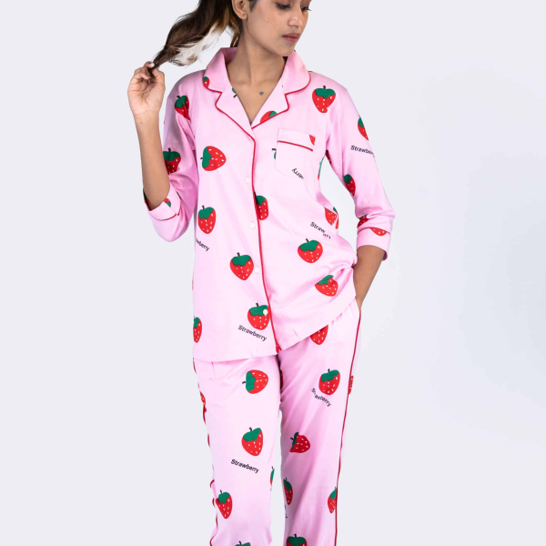 Berry Dream Pink Pyjama Set | Notched Collor | 100% Pure Cotton | Bio-Washed | Manufacture to Consumer Direct sale