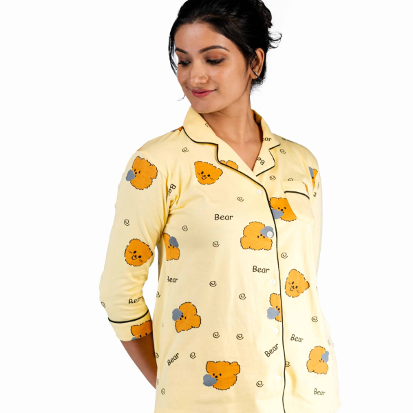 Teddy Dreams Yellow Pyjama Set | Notched Collor | 100% Pure Cotton | Bio-Washed | Manufacture to Consumer Direct sale
