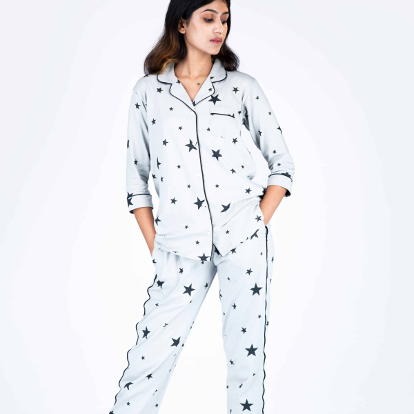 Sapphire Strawberry Blue Pyjama Set | Notched Collor | 100% Pure Cotton | Bio-Washed | Manufacture to Consumer Direct sale