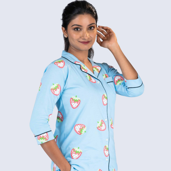 Sapphire Strawberry Blue Pyjama Set | Notched Collor | 100% Pure Cotton | Bio-Washed | Manufacture to Consumer Direct sale