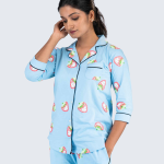 Sapphire Strawberry Blue Pyjama Set | Notched Collor | 100% Pure Cotton | Bio-Washed | Manufacture to Consumer Direct sale
